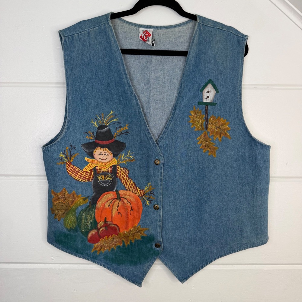 Vintage Kevin G Sportswear Hand Painted Scarecrow Denim Vest Blue One Size 1X 2X